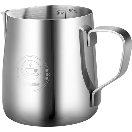 8oz Milk Frothing Pitcher, Stainless Steel Espresso Steamer Frother Cup | 250ml small single serving metal jug with precision pouring spout; top barista tools for perfect coffee cappuccino latte art - color: Silver 8Oz (250ml)