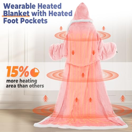 Wearable Heated Blanket with Foot Pocket, Electric Wearable Throw Blanket with Sleeves, Hood, Portable Heated Blanket with 8 Heat Settings, 1-10 Hours Auto Shut-off, Gift for Family, Friends, 50*70" - color: Pink