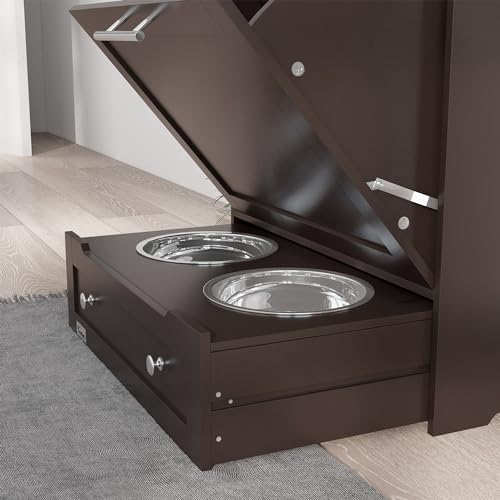 PawHut Dog Feeding Station with Raised Bowls, Pet Feeder Station, Brown | Dog Food Storage Cabinet, Hanger for Feeding & Watering Supplies - color: Coffee