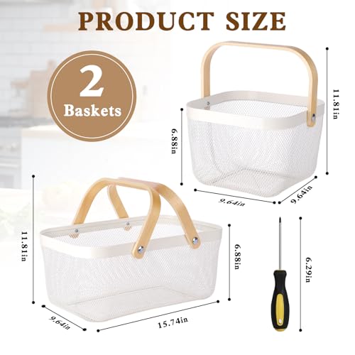 2 Pack Garden Harvest Basket, Metal Mesh Wire Picnic Basket with Handle | for Picnic, Vegetable Gathering, Fruit Picking, Kitchen Storage, White, Sturdy, Lightweight, Home Closet, Office, Gift. - color: White