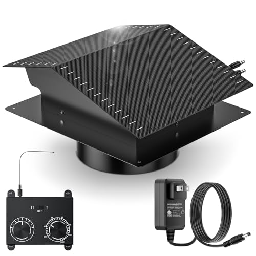 20 Watt Solar Roof Vent Fan with Thermostat - MPPT Controller, Adjustable Wind Speed, 2 Modes, Adapter, Dual Power Auto-Switch for 24/7 Operation - Cools up to 1100 Sq.Ft, for Small Attic Garage Shed - color: Black