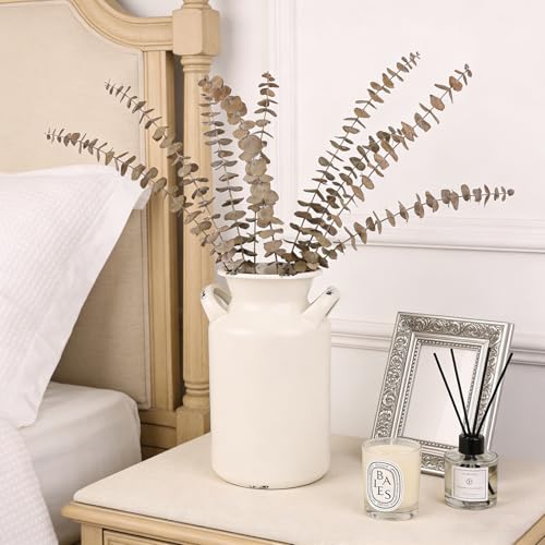Shabby Chic Classy Designed White Milk Can Galvanized Finish Metal Vase Country Rustic Primitive Decorative Flower Holder for Home Office Garden, 7.87" H
