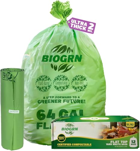 60-64 Gallon Compostable Trash Bags, 12 Count, 2 Mil Heavy Duty Flat Top Large Trash Bags, 243L Lawn & Yard Waste Bags for Outdoor Garden Cleanup, ASTM D6400 BPI & OK Compost HOME Certified - color: 64 Gallon Flat Top, 12 Count