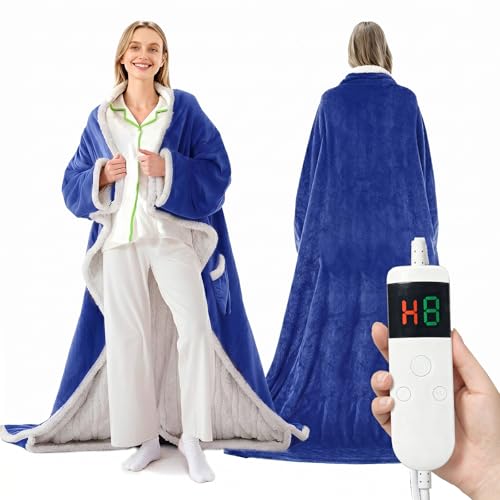 Wearable Heated Blanket With Sleeves & Foot Pocket, Heated Throw Blankets Fast Heating Blanket With 10 Heat Settings Auto Shut Off Over-Heat Protection-Warm Gift, Machine Washable, 52”*72”+18” - color: Blue