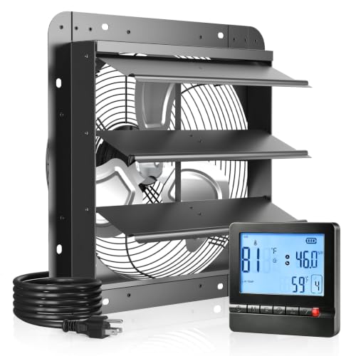 Amico 14" Shutter Exhaust Fan, Remote Thermostat & Humidity 35W EC 1588 CFM | 8-Speed Auto Adjust Wall Mount Vent Fan, for Greenhouse, Garage, Chicken Coop, Gable Wall Vent, Quiet, 3-Year Protection - size: 14 Inch