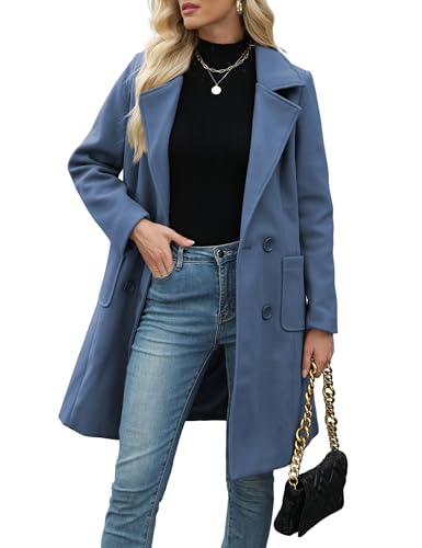 Women Winter Wool Blend Camel Mid-Long Coat Notch Double-Breasted Lapel Jacket Outwear - color: Blue, size: X-Large
