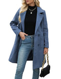 Women Winter Wool Blend Camel Mid-Long Coat Notch Double-Breasted Lapel Jacket Outwear - color: Blue, size: X-Large