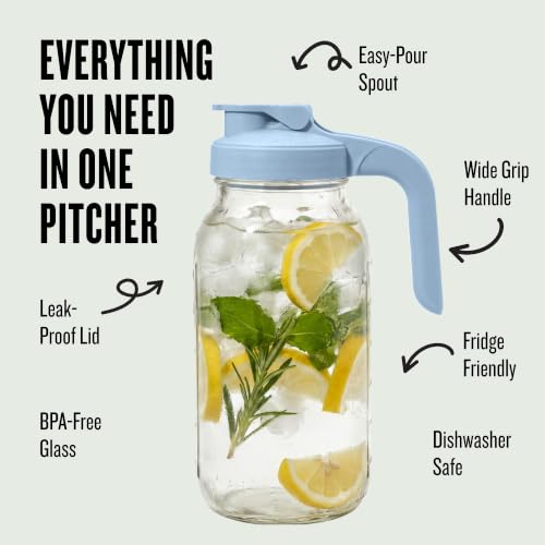 County Line Kitchen 64 oz Mason Jar Glass Pitcher With Lid - Sky Blue | Heavy-Duty Glass Mason Jar Pitcher - Leak-Proof Lid, Wide Mouth & Easy Pour Spout (64 oz) - color: Sky Blue