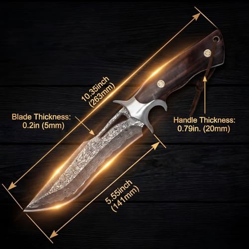 Damascus Hunting Knife 10.4" Fixed Blade VG10 Leather Sheath | 513-layer hand-forged bowie construction with ergonomic rosewood handle for outdoor camping and survival - style: Damascus Steel-2