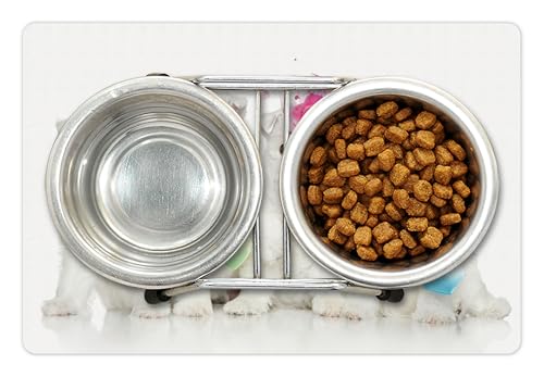 Lunarable Westie Pet Mat for Food and Water, Group of West Highland White Terrier Puppies on Plain Background Animal Pattern, Non-Slip Rubber Mat for Dogs and Cats, 18" X 12", Pink and White - color: Pink and White