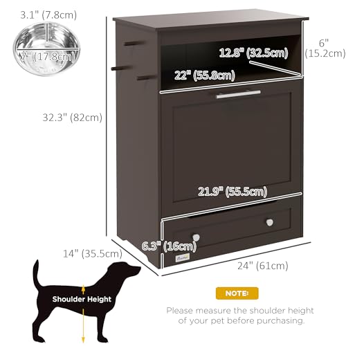 PawHut Dog Feeding Station with Raised Bowls, Pet Feeder Station, Brown | Dog Food Storage Cabinet, Hanger for Feeding & Watering Supplies - color: Coffee
