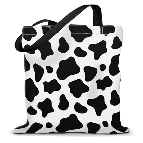 Canvas Tote Bag for Women，Cute Heavy-Duty Shoulder Bag with Zipper Pocket -Travel Tote for Grocery, Gym,Shopping - color: Black White Cowhide