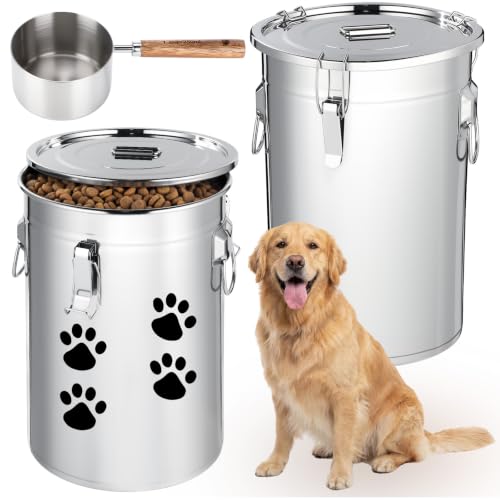 Lounsweer 2 Pack Stainless Steel Dog Food Storage Container with Lid and Locking Clamp Metal Airtight Container Large Stainless Steel Bucket with Food Scoop for Pet Feed(17 L) - size: 17 L