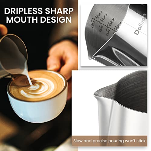 Dailyart Milk Frothing Pitcher Set 12oz/350ml+20oz/600ml Milk Frother Cup | 304 Stainless Steel, Dripless Spout&Internal Scale - Barista Milk Steamer Cup Latte Art Tools for Home, Coffee Shops - size: 12 Ounces + 20.3 Ounces