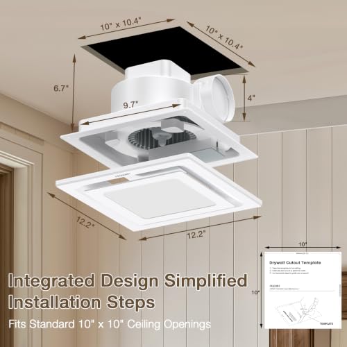 FASDUNT 12" Ultra Quiet Bathroom Exhaust Fan with Light | 1.0 Sones, 120 CFM, 10x10 Mount Ceiling Ventilation Fan with 5000K Daylight LED, No Attic Access Needed - color: White-5000K, size: 10 Inch
