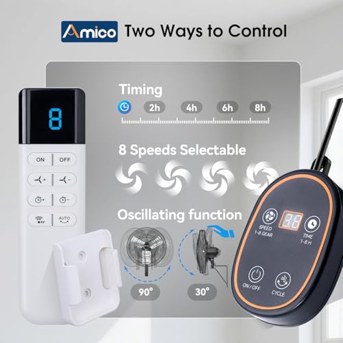 Amico 30 Inch Wall Mounted Fan with Remote Control, Brushless DC Motor | 8 Speeds, High Velocity Whisper-Quiet, Outdoor Oscillating Waterproof Shop Fan with Timer for Gym, Patio,Garage, Warehouse - size: 30 inch