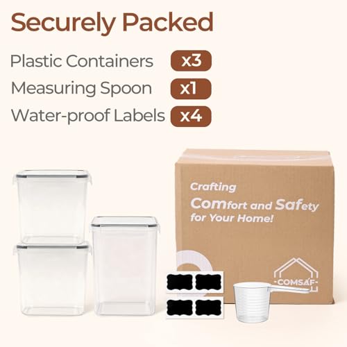 ComSaf Airtight Flour and Sugar Container 2.6Qt & 5.5Qt 3Pack, Wide Mouth | Plastic Food Storage Canister with Lid, Flour Sugar Cereal Rice Oats, Pantry Kitchen, Stackable Baking Supplies, Label, Scoop - size: 5.5Qt/2.6Qt-Square