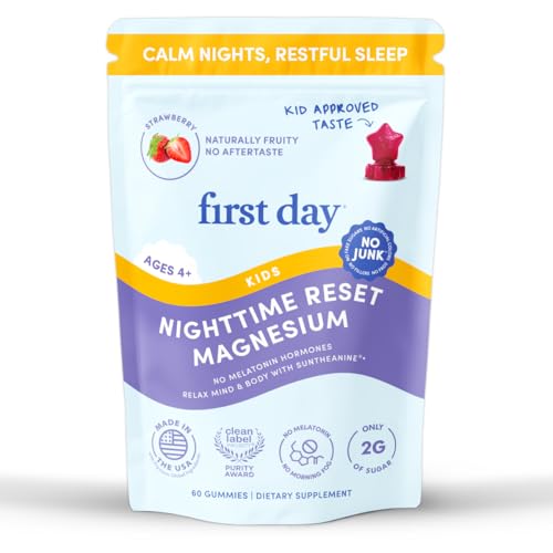 FIRST DAY Kids Magnesium Gummies, Citrate + L-Theanine, No Melatonin, 60 Ct | Strawberry citrate magnesium gummies for kids with Suntheanine® L-theanine; melatonin-free calm and bedtime support for kids - size: 60 Count (Pack of 1)
