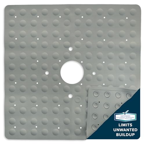 SlipX Solutions 21"x21" Mildew Resistant Non Slip Shower Stall Mat, Tan | Soft Durable Rubber Underfoot, Product Protection, 140 Power Grip Suction Cups, Center Drain Hole - color: Tan