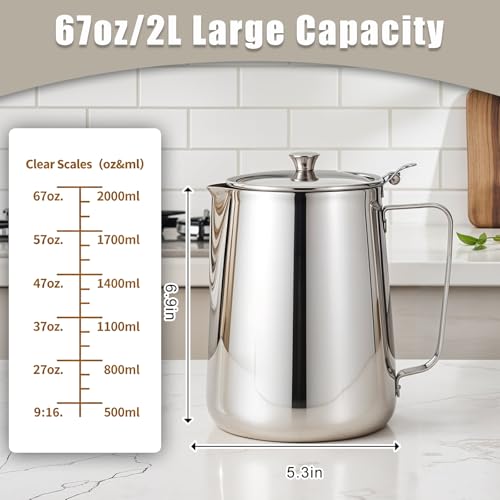 67 oz 304 Stainless Steel Pitcher with Lid, 2 L Large Mouth Graduated Beakers, Large Metal Measuring Cup with Handle, Milk Frothing Jug for Latte Art, Espresso Machines, Iced Tea - size: 67 Ounces