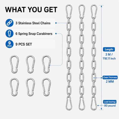 3 Pack 304 Stainless Steel Chains with 6 M4 Carabiners, 2mm x 3m (9.84ft) | Metal Chain Link Set, Small Chain for Hanging Bird Feeders, Planters, Camping, DIY, Anchor Chain, Silver - size: 3m-3pcs-2mm