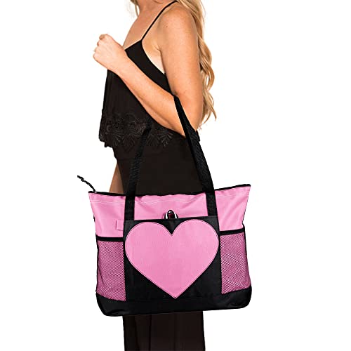 Tote Bag Large Size Shoulder Bag with Zipper, Lightweight Casual Travel Luggage Bag with Two Mesh Pockets for Women - color: Pink
