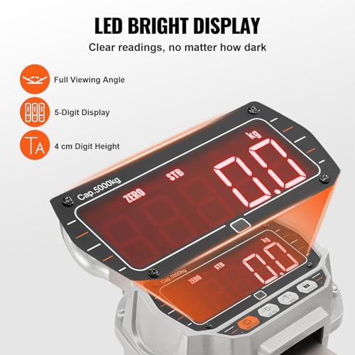 VEVOR Digital Crane Scale, 11000 lbs/5000 kg, Industrial Heavy Duty Hanging Scale with Remote Control, Cast Aluminum Case & LED Screen, High Precision for Construction, Factory, Farm, Hunting (Silver)