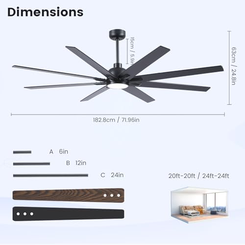 Newday 72 Inch Black Large Ceiling Fan with Light, Remote, Reversible DC | 8-blade, 6-speed with timer, 3CCT dimmable LED, silent high airflow, 3 downrods for living room, patio, indoor/outdoor - size: 72 Inch