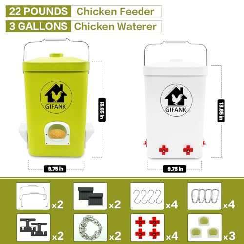 Hanging Chicken Feeder and Waterer Set,3 Gallon Chicken Water Feeder | Chicken Feeder No Waste Hanging Poultry Waterer Feeder Kit Chicken Waterer Nipples and Feeding Ports Chicken Coop Accessories