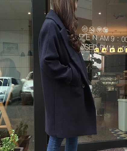 Women's Winter Double Breasted Coats Casual Loose Notch Lapel Wool Blend Pea Coat Warm Long Overcoat - color: Black, size: Small