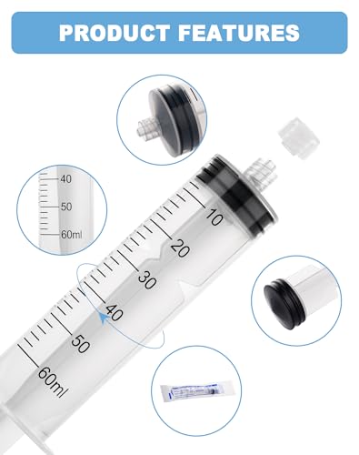 60mL Syringes without Needle, Sterile, Individually Wrapped | Luer Lock Syringe with Cap, Accurate Liquid Measurement for Lab Use and Home Care, 10 Pack - style: 60ML