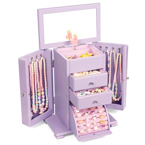 Emfogo Musical Jewelry Box for Girls, Large Kid Music Box with Ballerina for Birthday Bedroom Decor, 5 Layer Girl Jewelry Gifts for Girls Kids - Purple - color: Purple