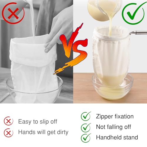 FATCAT Fine Mesh Cheese Cloth, Fine Mesh Strainer Bags, Nut Milk Bag L | Nut Milk Bag with Stainless Steel Handle, Cheesecloth for Straining, Turkey, Cooking, Cheese, NutMilk, Juices, S - color: Handle*1+Strainer Bag*3, size: L