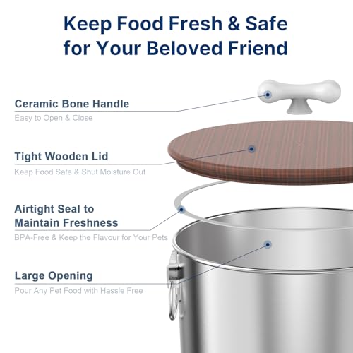 Paw Libero 25 Lbs Stainless Steel Dog Food Storage Container with Airtight Wooden Lid & Ceramic Bone Handle, Large Metal Dog Food Bin for Dogs & Cats, Keep Fresh, Easy to Clean - size: 25 lbs - 1pk