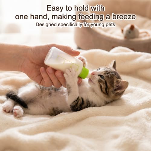Pet Nursing Kit for Kittens Puppies, 1 Bottle with 4 Shaped Nipples | Syringe Clean Brush, Newborn Small Animal Feeding Set, Kitten Bottle Feeding Supplies(Round Pointed Cylindrical)