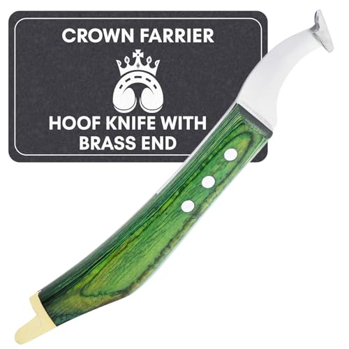 – Super Sharp Hoof Knife with Brass End | Precision-Sharpened Stainless Steel Blade & Wooden Handle | Pro Farrier Hoof Trimming Tool for Horses & Equine (Green, Left-Hand)
