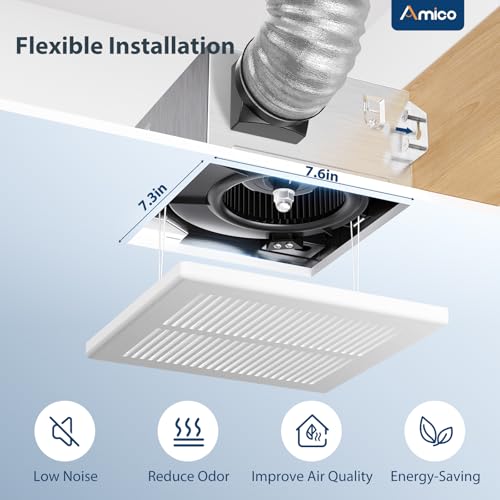 Amico Bathroom Exhaust Fan, 1.0 Sones, 80 CFM, No Attic Access Needed | Low Noise, Ceiling Mounted Retrofit Ventilation Fans, 4 Inch Duct, 7.6''x7.3'' Ceiling Opening, Modern Grille, UL Certified