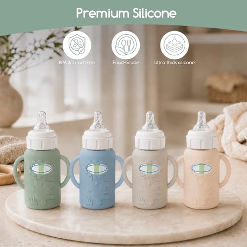4 Pack Silicone Sleeves for Dr. Brown's Glass Baby Bottles, Anti Breakage Baby Bottle Sleeves Holder, Compatible with Dr. Brown's Anti-Colic Options+ Narrow Glass Baby Bottles, 4 oz/120 mL - color: Grey 4 Pack 4OZ