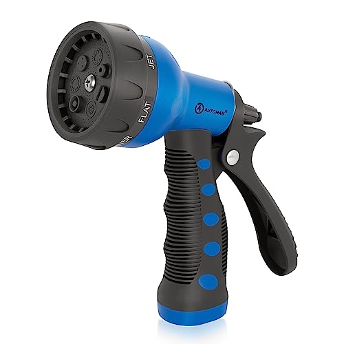 AUTOMAN-Garden-Hose-Nozzle,ABS Water Spray Nozzle with Heavy Duty 7 Adjustable Watering Patterns,Slip Resistant for Watering Plants,Lawn& Garden,Washing Cars,Cleaning,Showering Pets - Blue - color: Blue