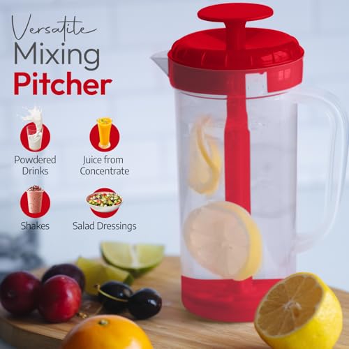 1 Quart Plastic Mixing Pitcher with Mixing Lid, BPA Free, Shatterproof Beverage Jug for Iced Tea, Lemonade, Juices, Milk – Leak-Proof, Easy Stirring, Dishwasher Safe | Red - color: Red, 1qt Mixing Pitcher