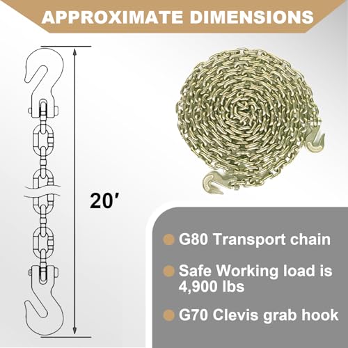 AAIN 4900LBS Transport Binder Chain 5/16"x20' G80 Tow Chain with Grab Hooks | 4,900 lbs Safe Working Load | G70 Grab Hooks | Heavy Duty Logging Chain for Transporting,Towing,Logging Tie Down Binding - size: 5/16 Inch - 20 FT, style: 1 Pack