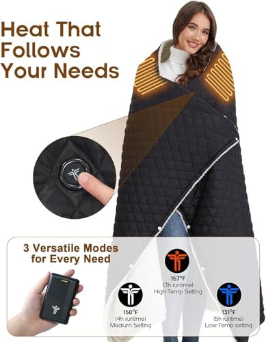 12V Battery Operated Heated Wearable Blanket for Camping Stadium Office | 70*50in Large Size & 3-level Temperature Up to 167°F &15000mAh Battery Included &Storage bag Included &Overheat Protection - color: Black