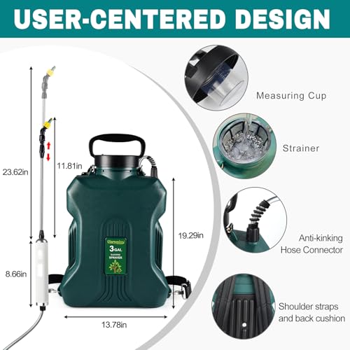 Backpack Sprayer, 3 Gallon, Battery Powered | 7.4V, 5 Mist Nozzles