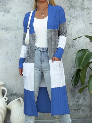 Womens Color Block Cardigan Sweater Long Duster Open Front Sweater in Chunky Cable Knit Plus Size Cardigan - color: 02-blue, size: Small
