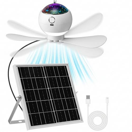 1 Set Solar Powered Ceiling Fan with Light for Camping Rechargeable 10'' Small USB Portable Hanging Fan with Star Projection 10w Solar Panel, 3 Speeds for Tent Rv Bed Gazebo Greenhouse