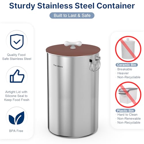 Paw Libero 2PK 35 Lbs Stainless Steel Dog Food Storage Container with Airtight Lid & Ceramic Bone Handle, Large Metal Dog Food Bin for Dogs & Cats, Keep Fresh, Easy to Clean - size: 35 lbs - 2pk