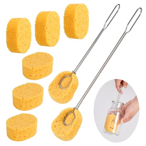 Cellulose Sponge Bottle Brush Set with Long & Short Handles, Non-Scratch Washing Cleaner for Wine Coffee Mug Glass Dishes with 6 Replacement Sponges - style: 2 Handles & 6 Sponges