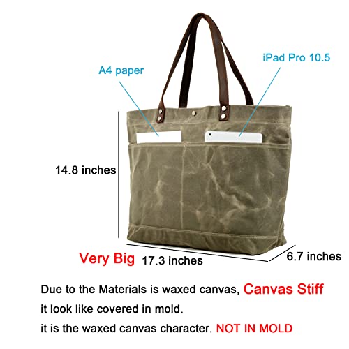 WUDON Waxed Canvas Travel Tote Bag - Extra Large Carryall Shoulder Bag for Women | Travel - color: Green