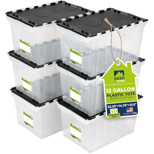 12 Gallon Clear Storage Tote with Flip Lid, Standard Duty, Pack of 6 | 22.25"×14.75"×12.5" Lightweight Stackable Plastic Storage Bin with Flip Lid and Wipe-Clean Label - Made In USA - style: Standard Duty