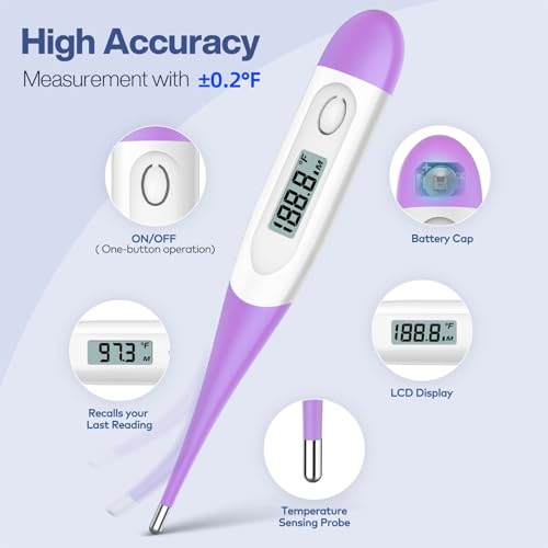 Boncare 10 Seconds Oral Thermometer for Adults and Kids, Purple | Accurate & Safe, Rectal Digital Thermometer for Baby, Fever Alarm - color: Purple